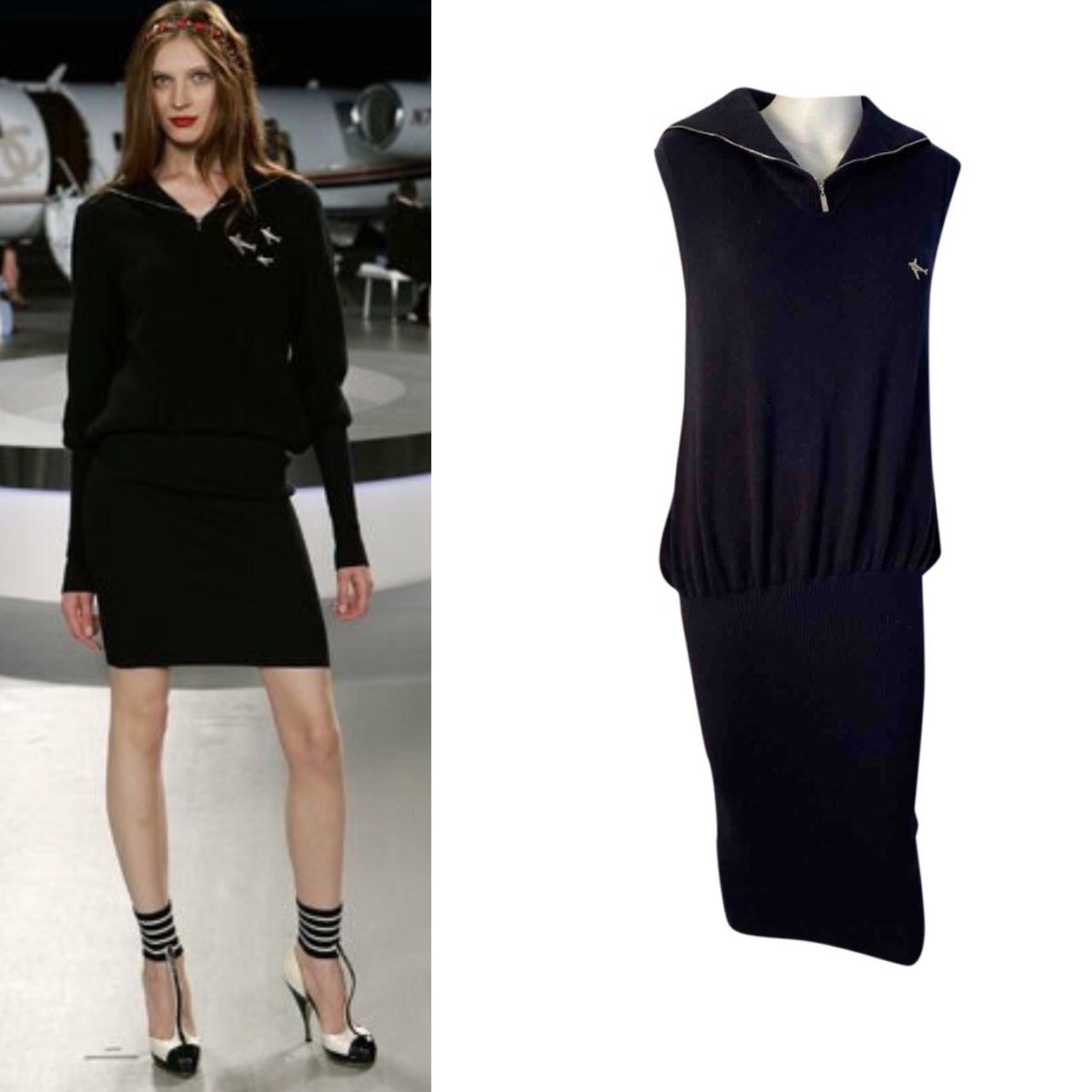 CHANEL Frill Sleeveless Knit Dress Women Size 38 Black COCO CC