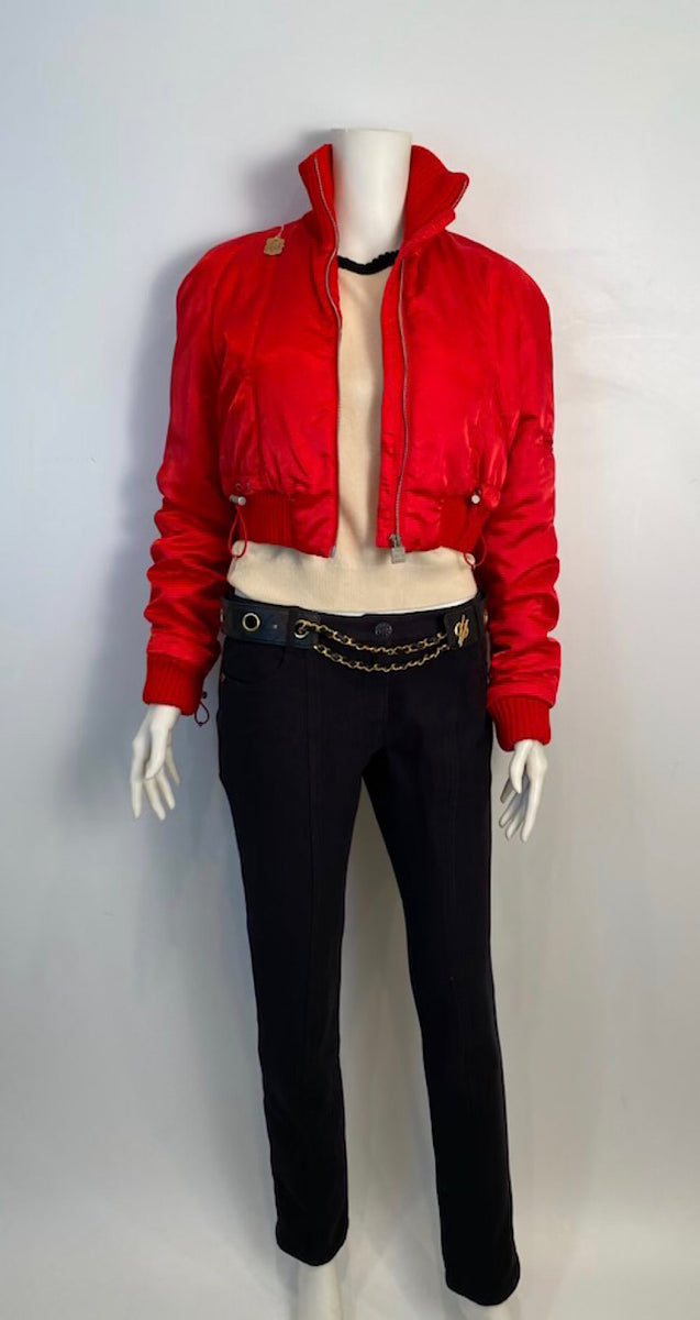 cropped red bomber jacket