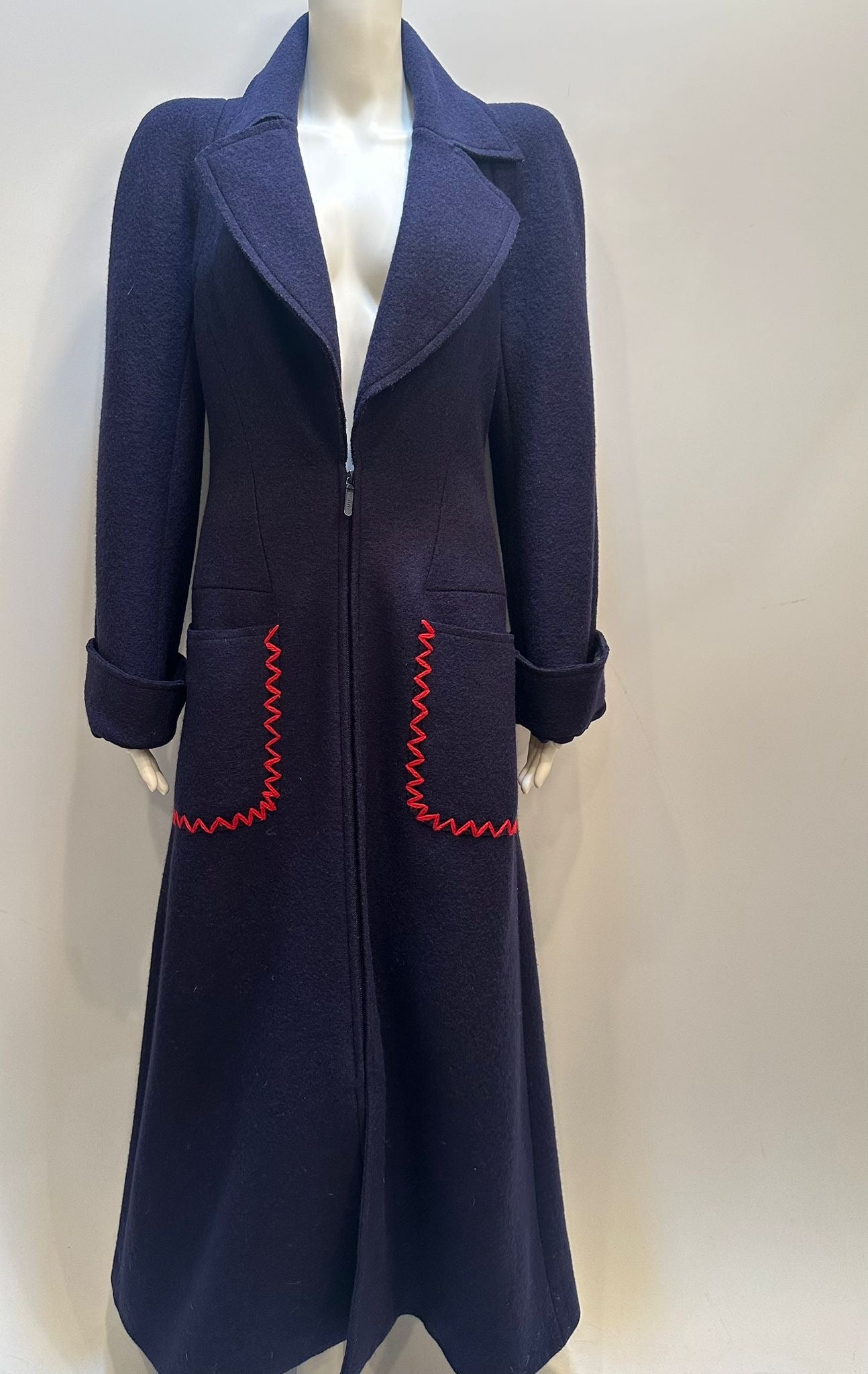 Chanel Vintage 97A 1997 Fall Navy Blue Red Trim Long Heavy Wool Winter Coat FR 38 US 4