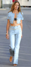 Load image into Gallery viewer, Chanel 11C 2011 Cruise Runway Light Blue Denim Crystal Flare Leg Jeans Size FR 38 US 4/6