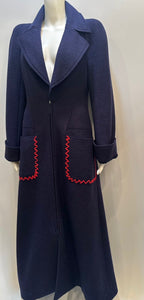 Chanel Vintage 97A 1997 Fall Navy Blue Red Trim Long Heavy Wool Winter Coat FR 38 US 4