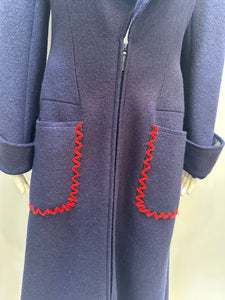 Chanel Vintage 97A 1997 Fall Navy Blue Red Trim Long Heavy Wool Winter Coat FR 38 US 4