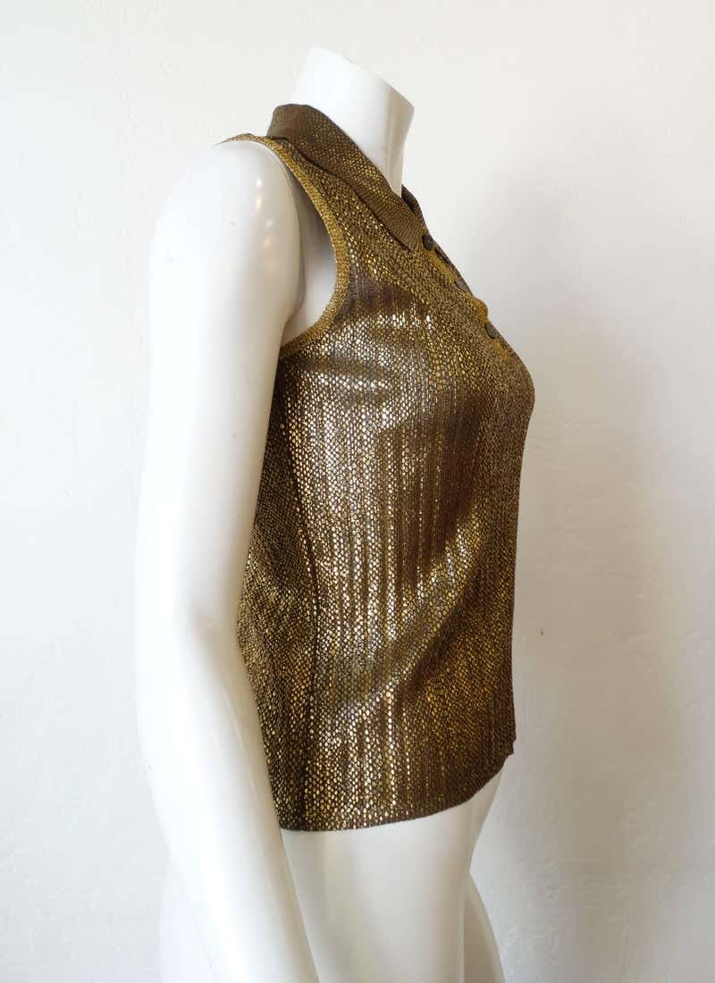 Vintage Chanel 01C 2001 Cruise Resort Sleeveless Gold Metallic Collar Polo  Top Blouse FR 44