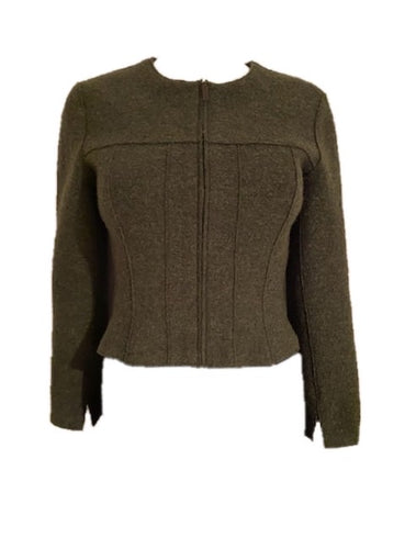 NWT Vintage 99A, 1999 Fall Chanel Identification olive green boiled wool short jacket FR 36 US 4