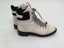 Load image into Gallery viewer, Chanel Black White Logo Lace Up Fall Winter Combat ankle Boots EU 36.5 US 6