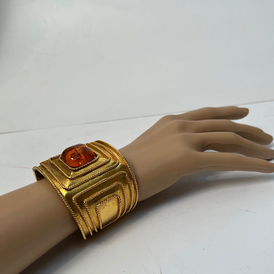 Chanel Vintage Iconic Gold Five Row Chain and Black Leather Cuff Brace   Amarcord Vintage Fashion