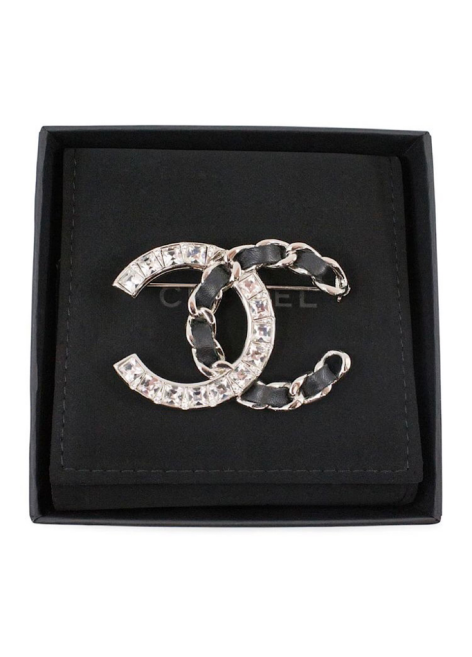 Chanel Black Leather Chainlink CC Pin Brooch Chanel