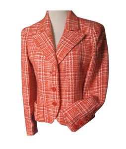 97P, 1997 Spring Chanel Boutique Vintage Orange Plaid Tweed Blazer Dress Jacket US 8