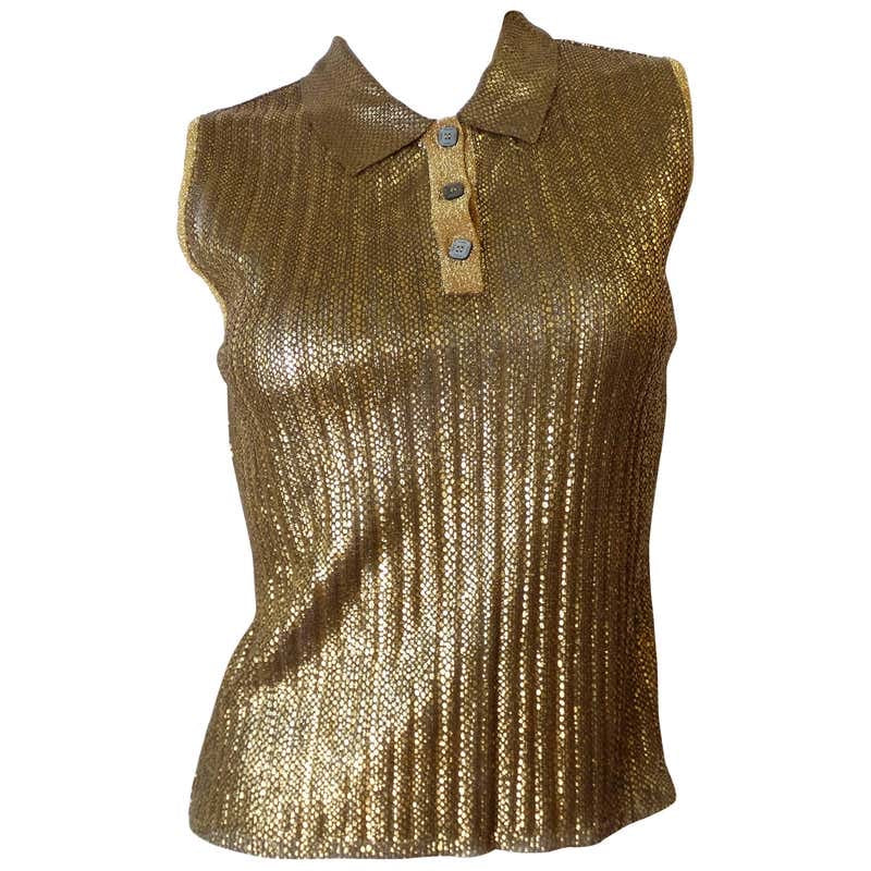 Vintage Chanel 01C 2001 Cruise Resort Sleeveless Gold Metallic Collar Polo  Top Blouse FR 44