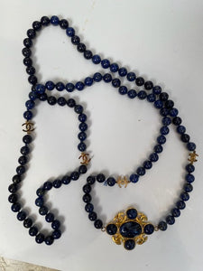 95A, 1995 Fall Vintage Chanel Long Strand Blue Gold Stone CC Necklace