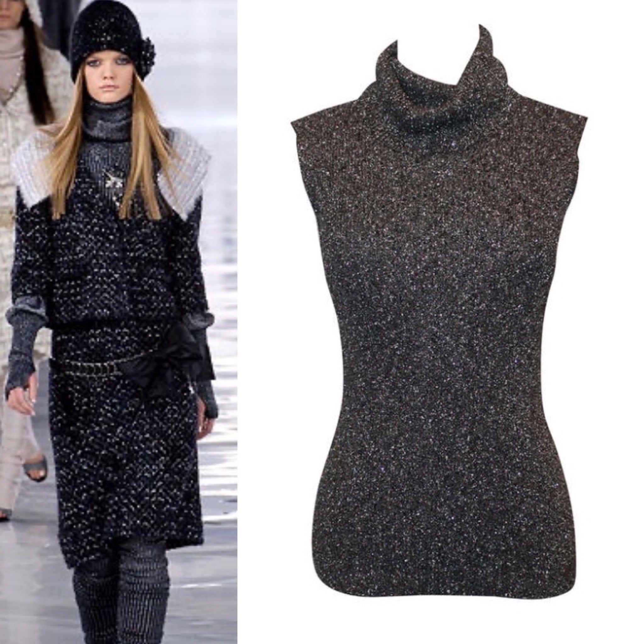 CHANEL Sleeveless Metallic Knit Turtleneck Sweater Top